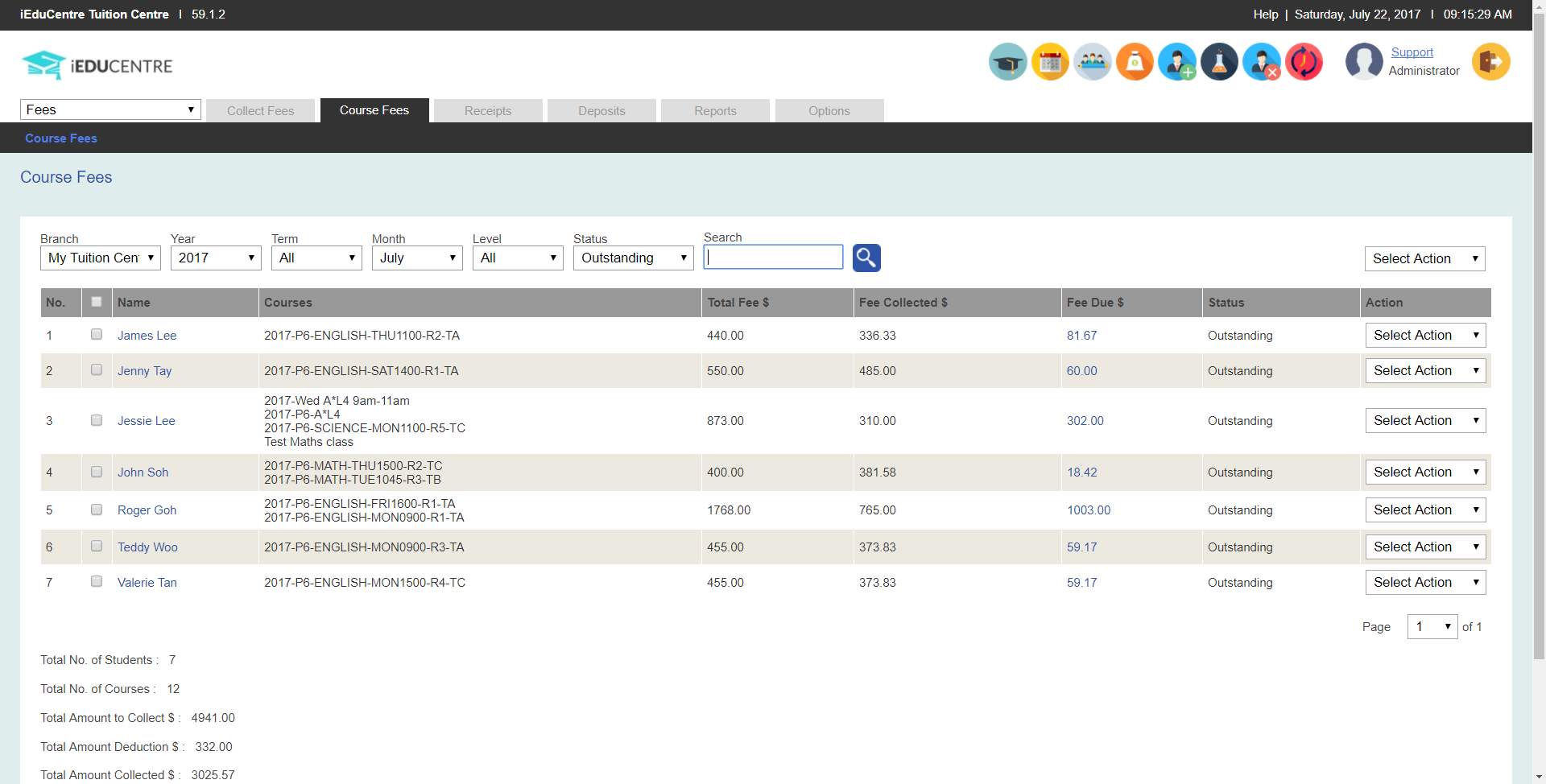 Course fee management screen