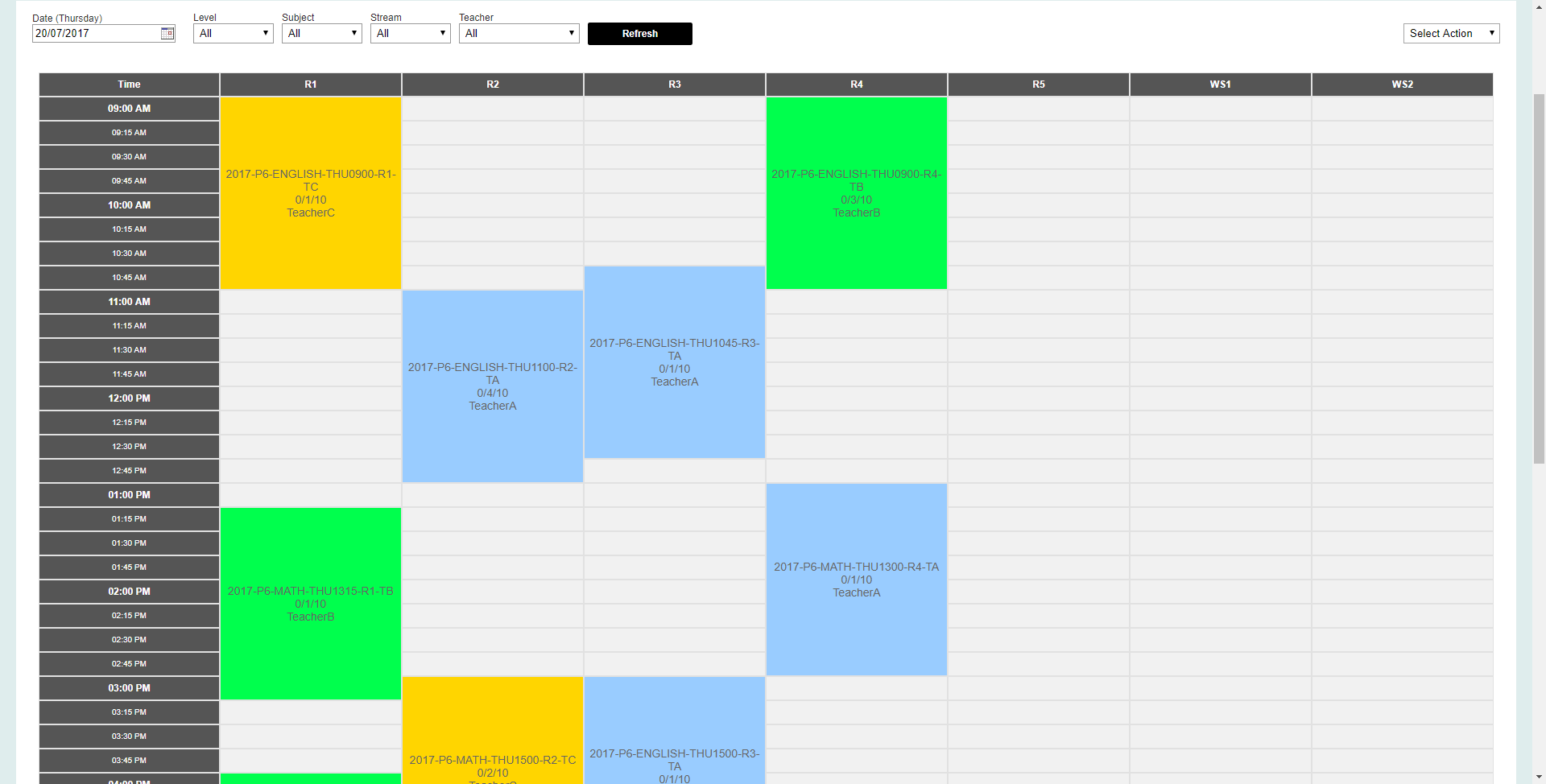 Daily timetable in iEduCentre showing rooms and teachers